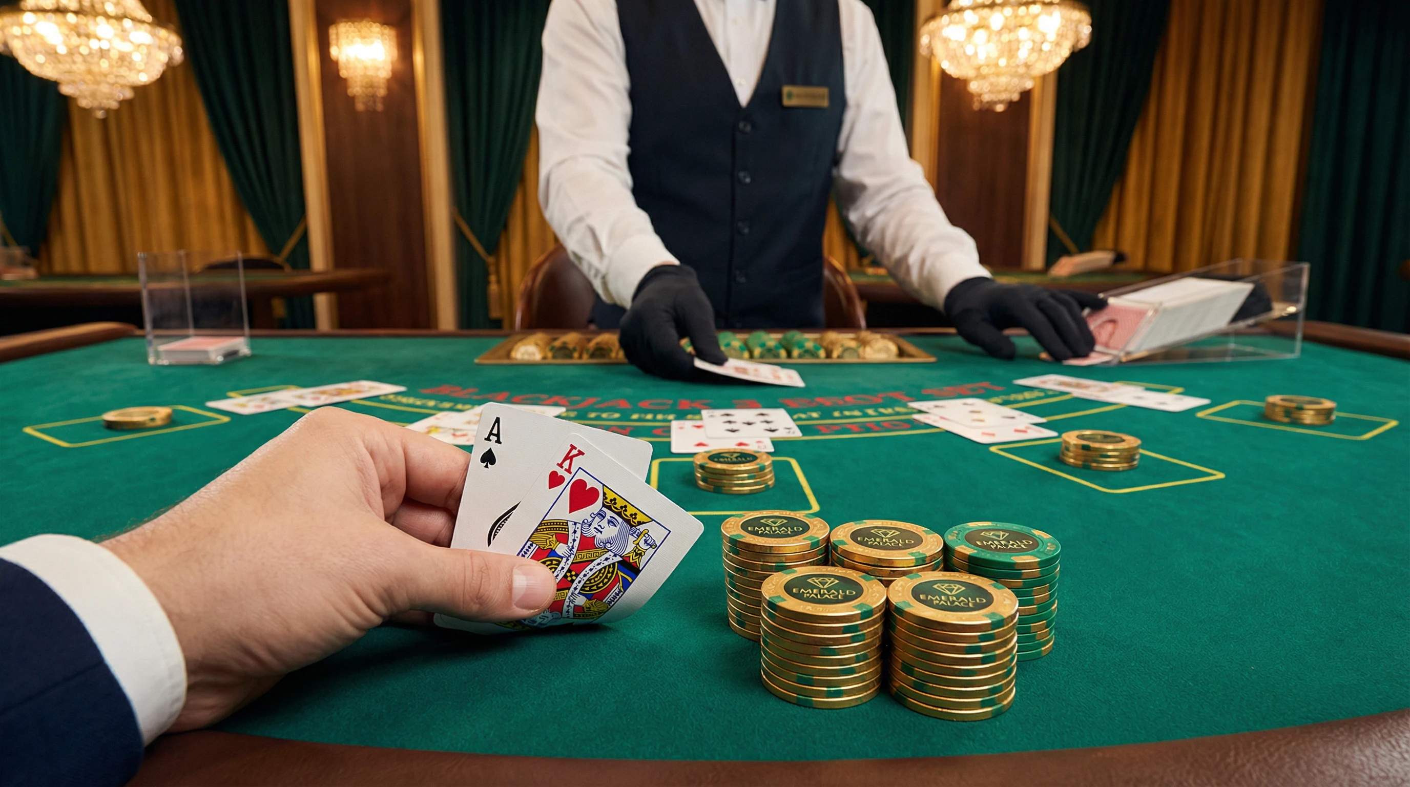 Mesa de blackjack con cartas y fichas doradas